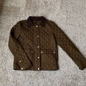 J Crew Quilted Olive Green and Brown Jacket with Gold Buttons